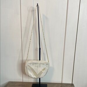 Vintage Style Beaded white & Cream Crossbody Bag - beading on both sides